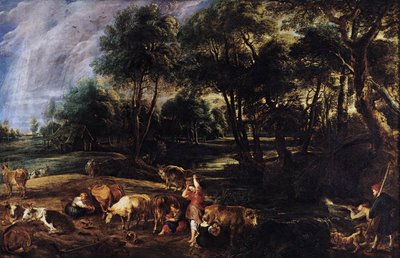 Landscape with Cows and Wildfowlers by Peter Paul Rubens